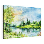 Tableaux Aquarelle d'un lac avec des arbres et de l'herbe