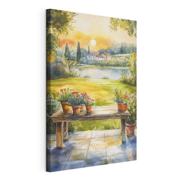 Tableaux Peinture à l'aquarelle d'une table sur laquelle sont posées des plantes en pot
