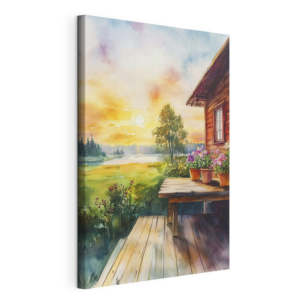 Aquarelle d'une maison avec des fleurs sur une table Tableaux Aquarelle d'une maison avec des fleurs sur une table
