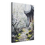 Tableaux Peinture d'un bâtiment avec un arbre et des fleurs