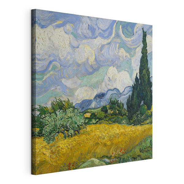 Tableaux Peinture d'un champ avec des arbres et des montagnes en arrière-plan