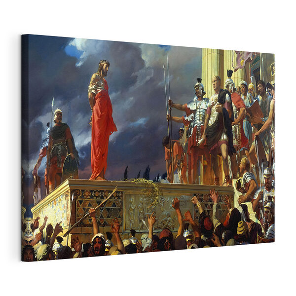 Tableaux Peinture d'un homme vêtu d'une robe rouge se tenant sur une plate-forme avec une foule de personnes