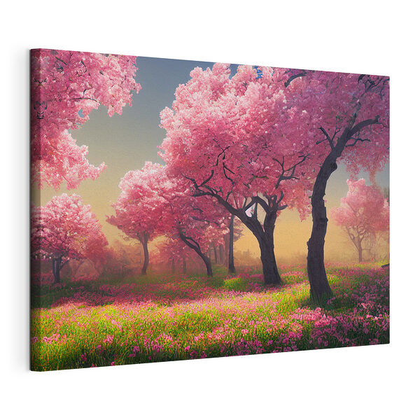 Tableaux Champ de fleurs roses avec arbres