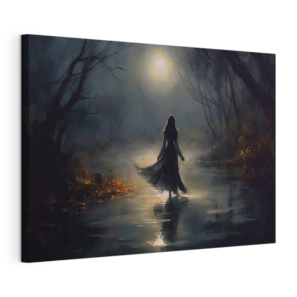 Tableaux Femme marchant dans une forêt sombre