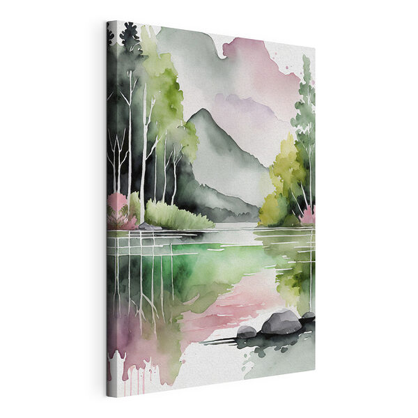 Tableaux Aquarelle d'un lac avec des arbres et des montagnes en arrière-plan
