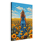 Tableaux Femme en robe bleue dans un champ de tournesols