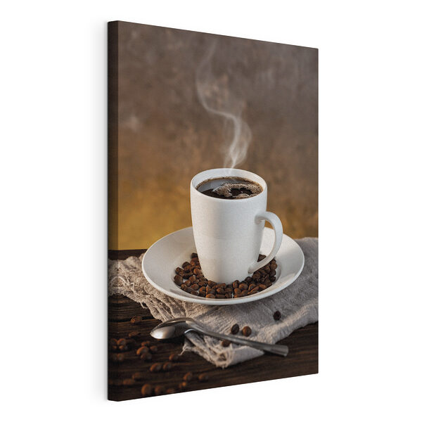 Tasse de café sur une assiette avec des grains de café Tableaux Tasse de café sur une assiette avec des grains de café
