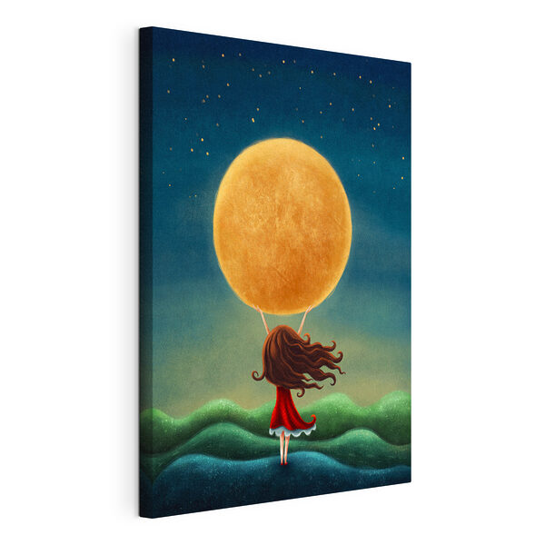 Tableaux Caricature d'une fille en robe rouge debout sur une colline