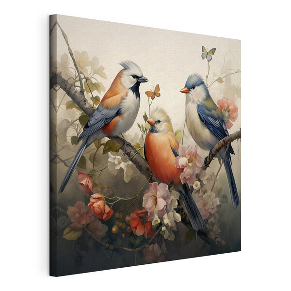 Groupe d'oiseaux sur une branche d'arbre avec des fleurs Tableaux Groupe d'oiseaux sur une branche d'arbre avec des fleurs