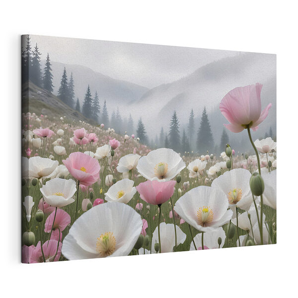 Prairie brumeuse avec des coquelicots en fleurs Tableaux Prairie brumeuse avec des coquelicots en fleurs