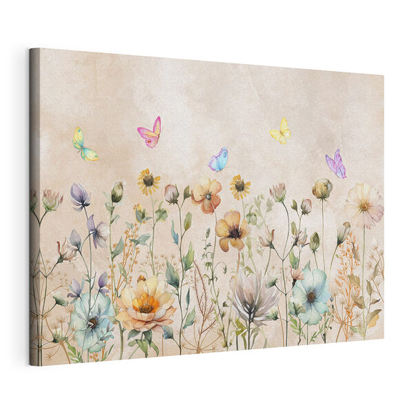 Tableaux Des papillons colorés dansent au-dessus des fleurs sauvages