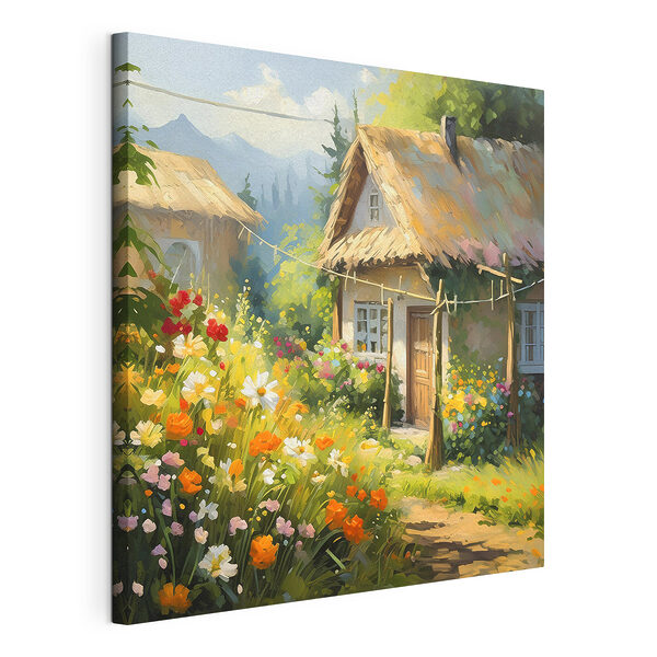 Tableaux Chalet entouré de fleurs de jardin éclatantes