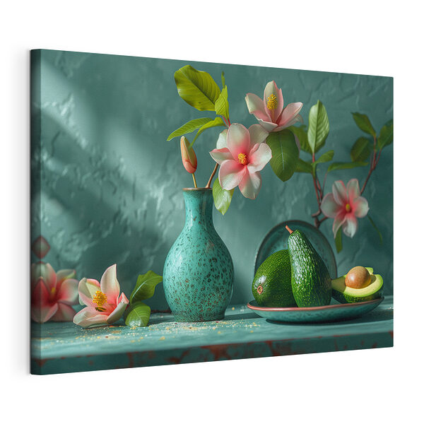 Tableaux Avocats et fleurs sur un présentoir sarcelle