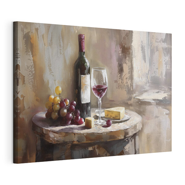 Tableaux Vin, fromage et raisins sur une table