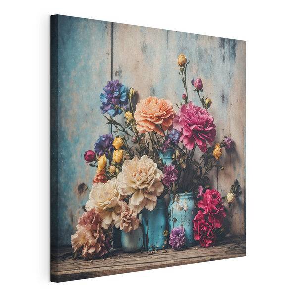 Groupe de fleurs colorées dans des vases bleus Tableaux Groupe de fleurs colorées dans des vases bleus