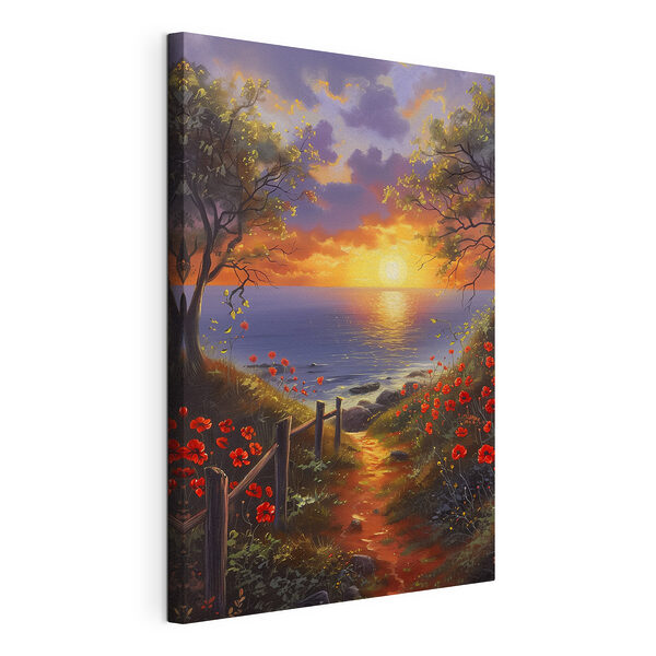 Peinture d'un chemin menant à un plan d'eau avec des fleurs Tableaux Peinture d'un chemin menant à un plan d'eau avec des fleurs