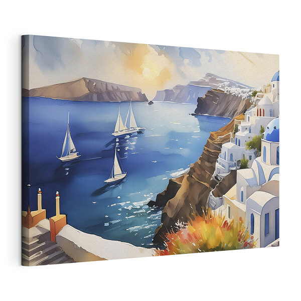 Tableaux Peinture d'une mer avec des bateaux et des bâtiments