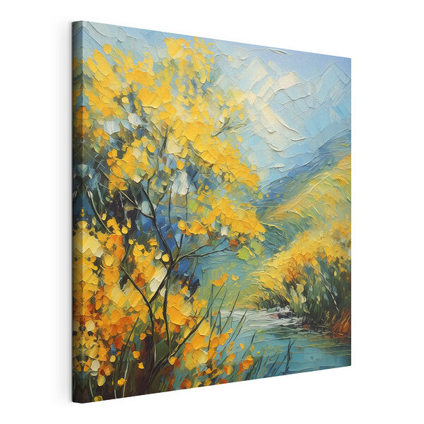 Tableaux Peinture d'une rivière avec des fleurs jaunes