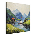 Tableaux Peinture d'un bateau sur un lac avec des montagnes et une maison