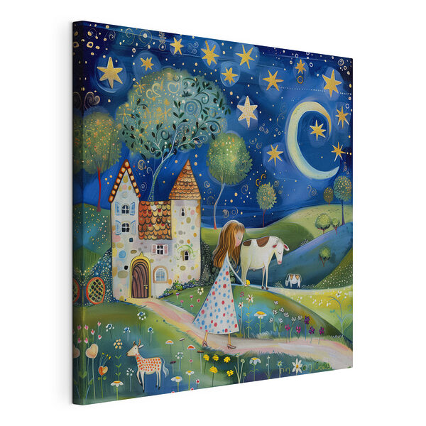 Fille marchant sur un chemin avec une vache et une maison Tableaux Fille marchant sur un chemin avec une vache et une maison