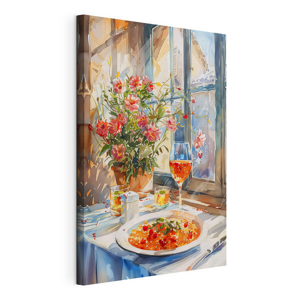 Tableaux Peinture à l'aquarelle d'une table avec de la nourriture et des fleurs
