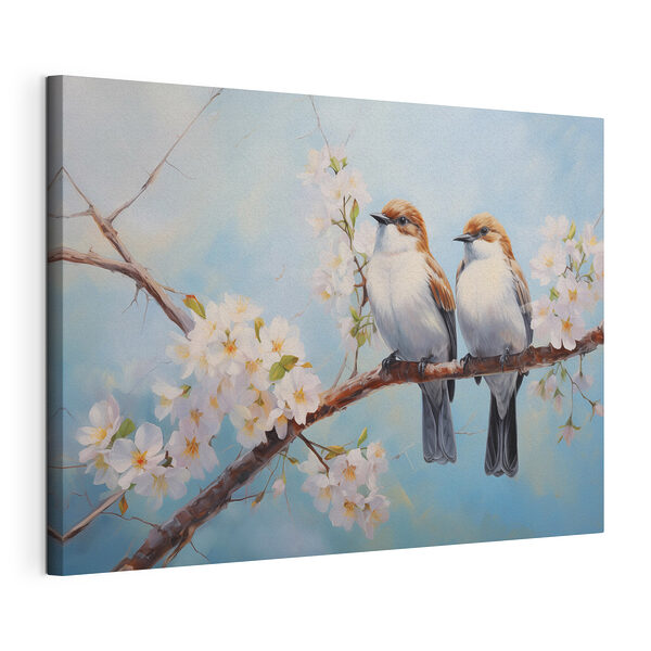Deux oiseaux sur une branche avec des fleurs blanches Tableaux Deux oiseaux sur une branche avec des fleurs blanches