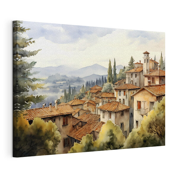 Tableaux Aquarelle d'une ville avec de nombreux bâtiments et arbres