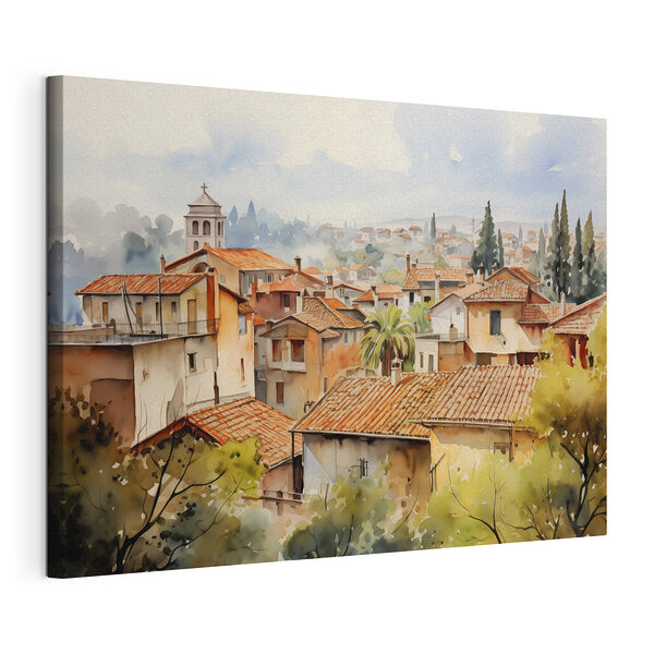 Aquarelle d'une ville avec de nombreux bâtiments et arbres Tableaux Aquarelle d'une ville avec de nombreux bâtiments et arbres