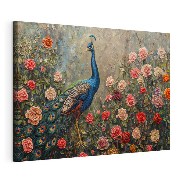 Peinture d'un paon entouré de fleurs Tableaux Peinture d'un paon entouré de fleurs