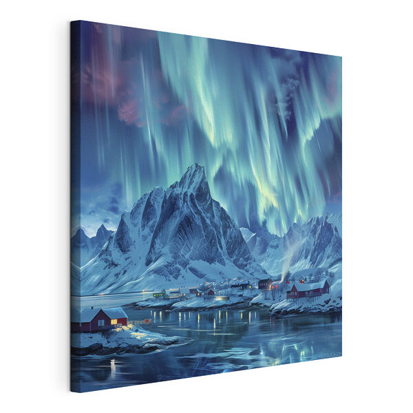 Chaîne de montagnes enneigées avec un village au loin Tableaux Chaîne de montagnes enneigées avec un village au loin