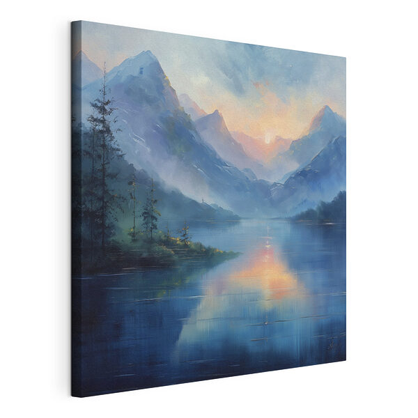 Peinture d'un lac avec montagnes et arbres Tableaux Peinture d'un lac avec montagnes et arbres