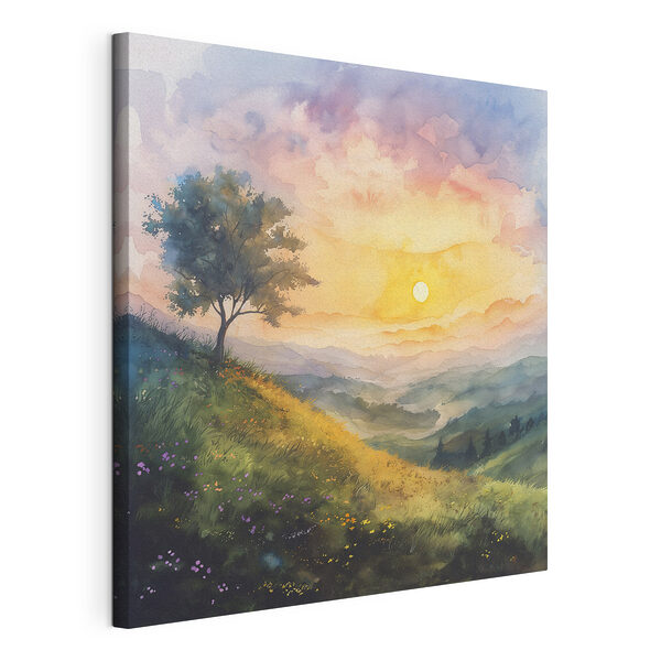 Tableaux Peinture d'un paysage avec un arbre et des fleurs