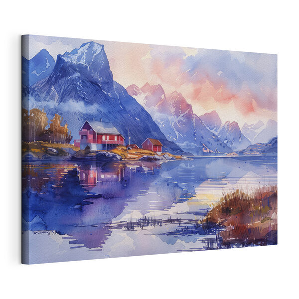 Tableaux Aquarelle d'une maison sur une colline au bord d'un lac