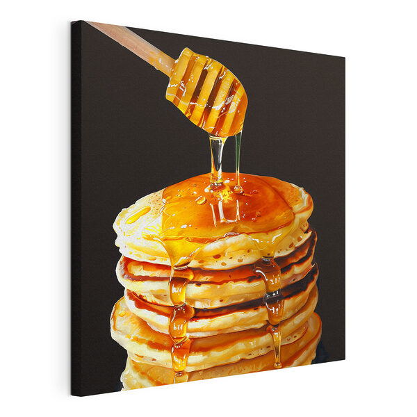 Pile de crêpes avec du miel coulant d'un bâton en bois Tableaux Pile de crêpes avec du miel coulant d'un bâton en bois