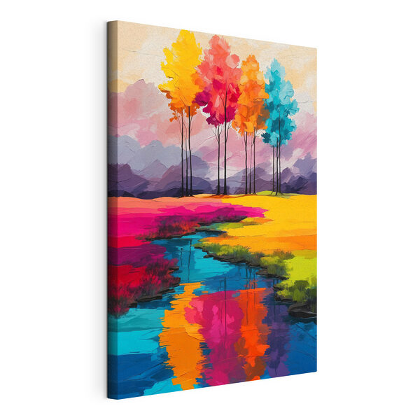 Tableaux Canvas prints Painting of a river running through a field of colorful trees