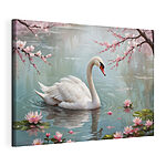 Tableaux Cygne blanc dans l'eau avec des fleurs roses