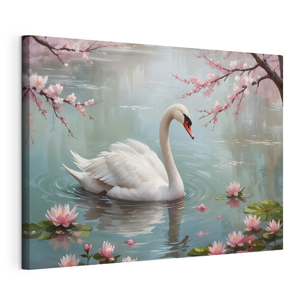 Cygne blanc dans l'eau avec des fleurs roses Tableaux Cygne blanc dans l'eau avec des fleurs roses