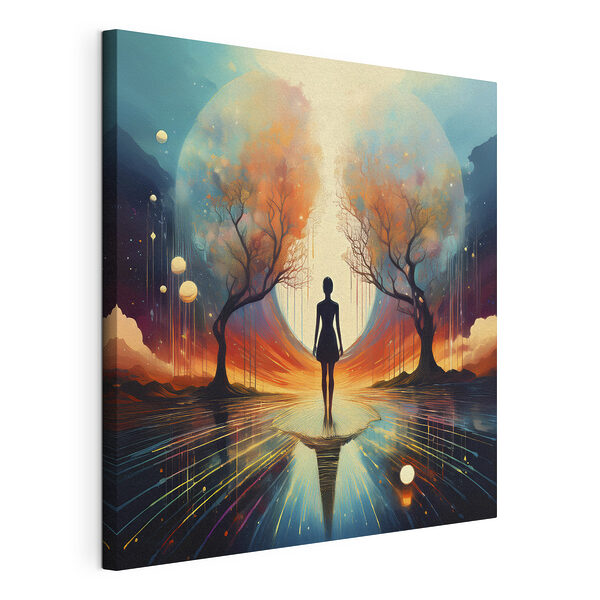 Femme debout sur une surface réfléchissante avec des arbres et une grande lune Tableaux Femme debout sur une surface réfléchissante avec des arbres et une grande lune