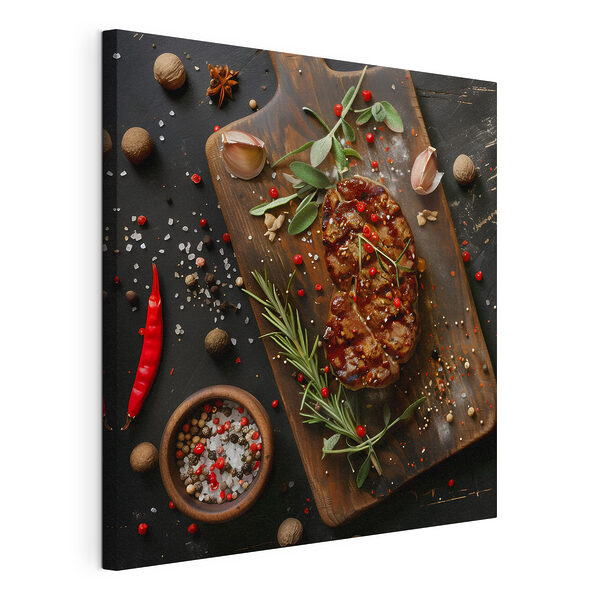 Morceau de viande avec des épices et des herbes sur une planche à découper Tableaux Morceau de viande avec des épices et des herbes sur une planche à découper