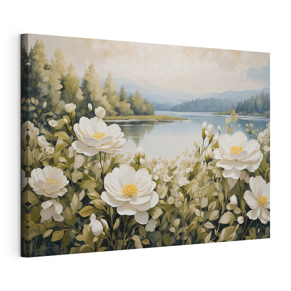 Tableaux Peinture de fleurs au bord d'un lac