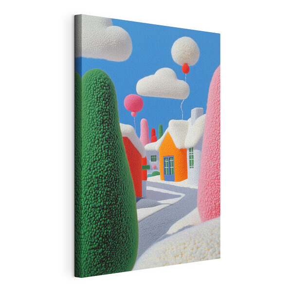 Tableaux Ville de dessin animé avec des arbres et des ballons