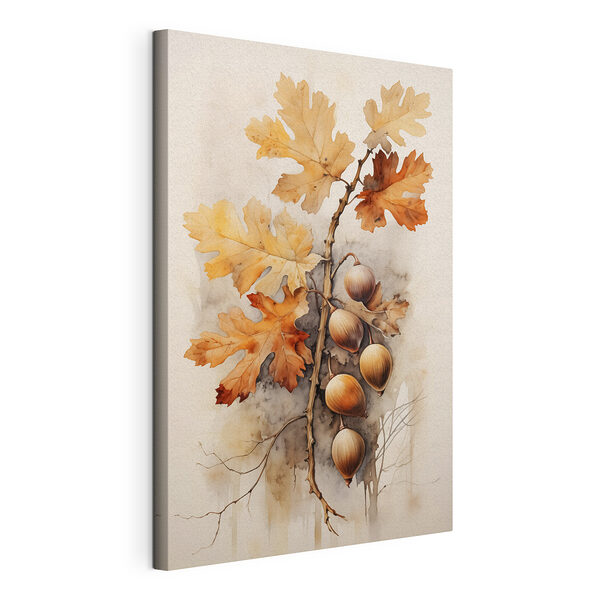 Tableaux Glands et feuilles sur une branche sur fond blanc