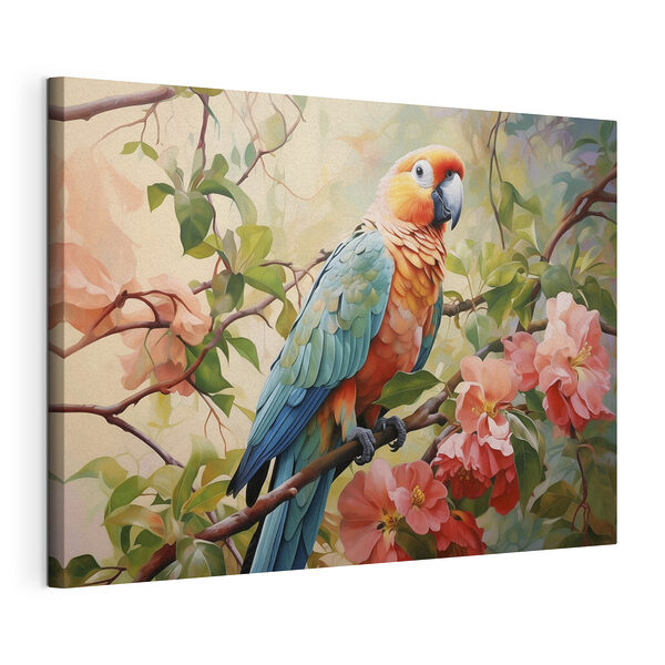 Oiseau coloré assis sur une branche avec des fleurs Tableaux Oiseau coloré assis sur une branche avec des fleurs