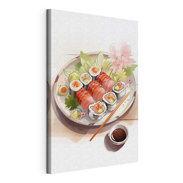Assiette de sushis avec sauce et fleurs Tableaux Assiette de sushis avec sauce et fleurs