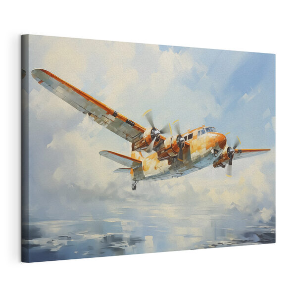 Tableaux Un avion orange et blanc volant dans le ciel