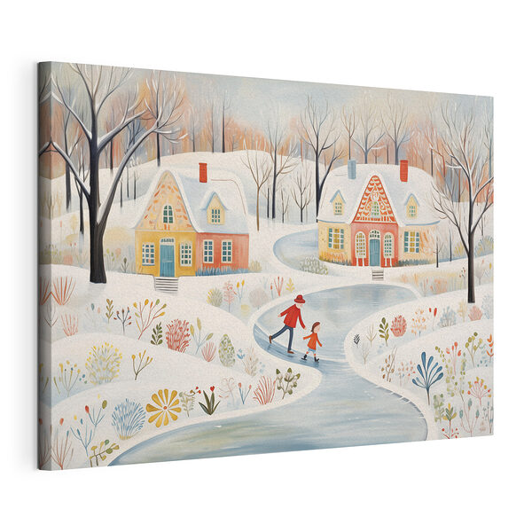 Peinture d'un couple de personnes patinant sur une route enneigée Tableaux Peinture d'un couple de personnes patinant sur une route enneigée