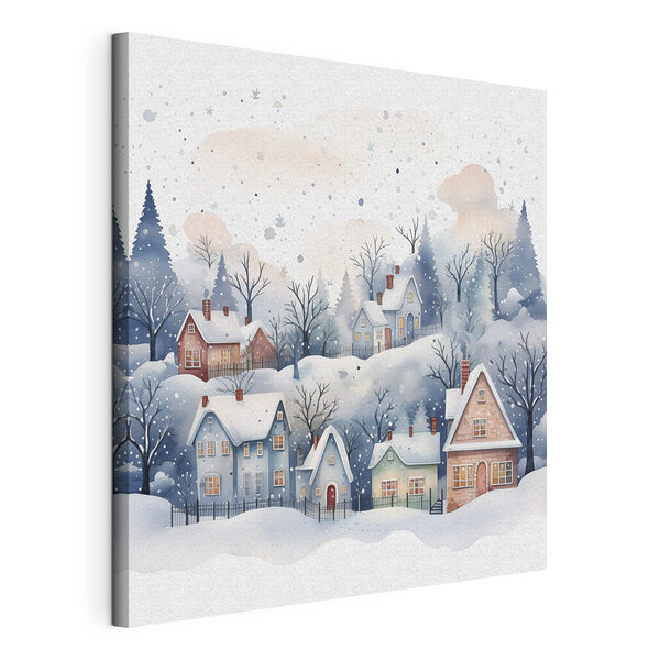 Tableaux Aquarelle de maisons et d'arbres dans la neige