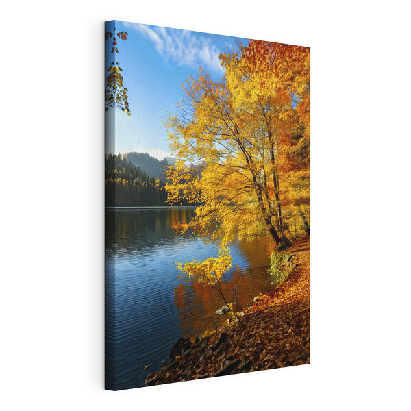Lac avec des arbres et des feuilles sur le sol Tableaux Lac avec des arbres et des feuilles sur le sol