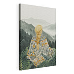 Tableaux Femme assise dans une forêt regardant les montagnes