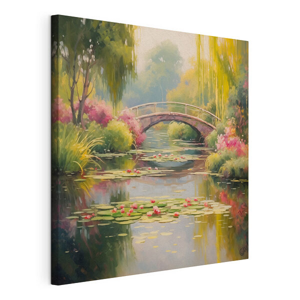 Tableaux Pont au-dessus d'un étang avec des nénuphars et des fleurs
